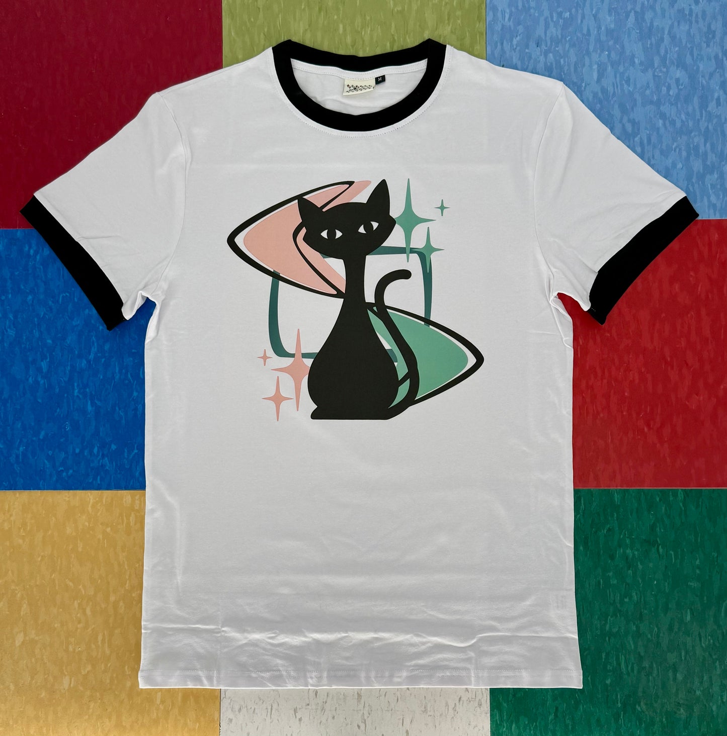 MCM Atomic Bettie Cat Boomerang Black and White Ringer Tee