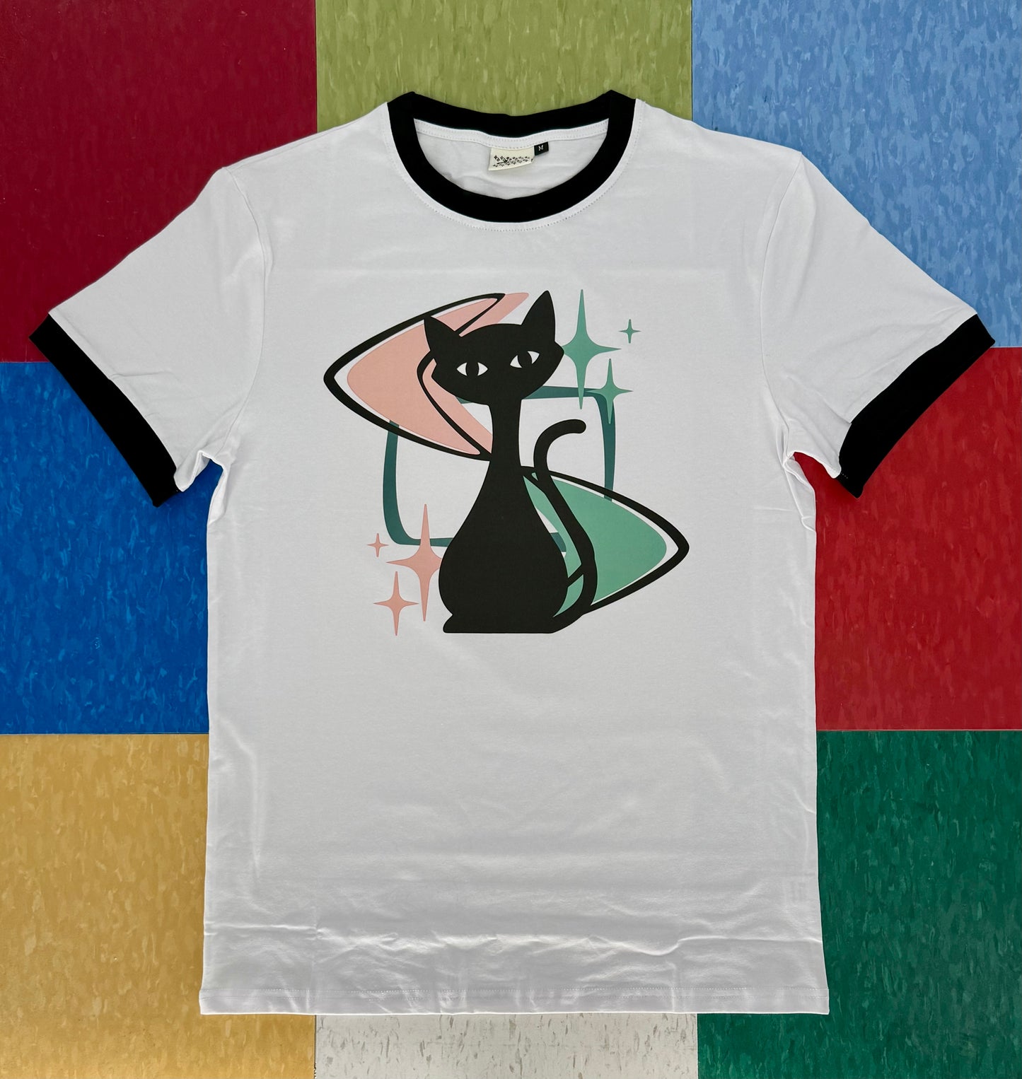 MCM Atomic Bettie Cat Boomerang Black and White Ringer Tee