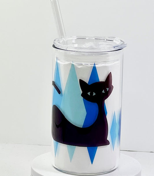 MCM Atomic Bettie Cat Diamond Glass with Drinking Lid and Straw