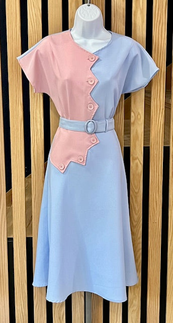 1940s Sawtooth Color Block Dress - Pink/Blue