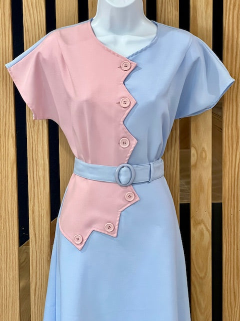 1940s Sawtooth Color Block Dress - Pink/Blue