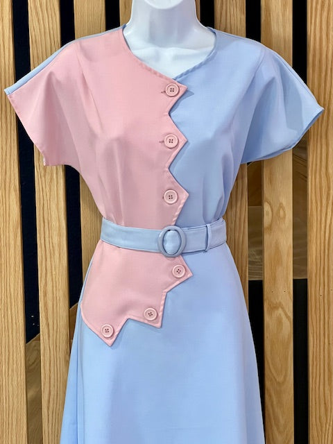 1940s Sawtooth Color Block Dress - Pink/Blue