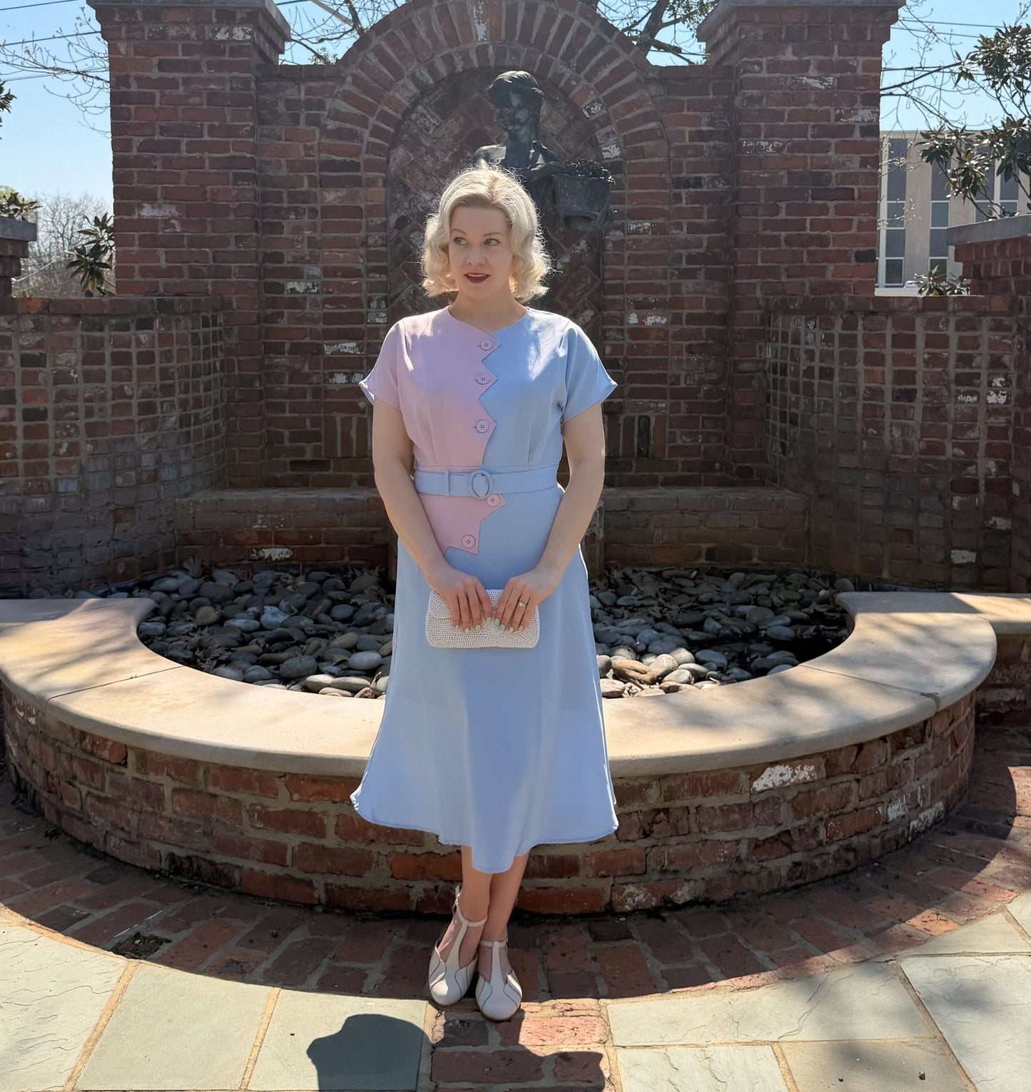 1940s Sawtooth Color Block Dress - Pink/Blue