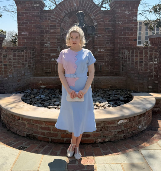 1940s Sawtooth Color Block Dress - Pink/Blue