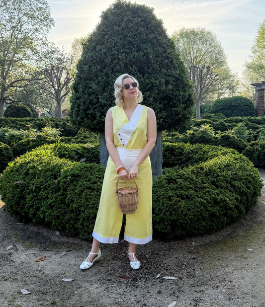 1930s Deco Beach Pyjama Culottes - Lemon