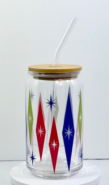 MCM Multi-Colored Starburst Glass with Bamboo Lid and Straw