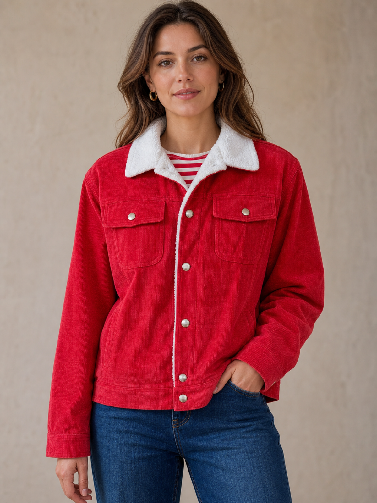 Fleece-Lined Corduroy Trucker Jacket - Red