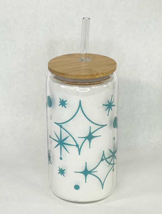 Turquoise Mid-Century Modern Glass with Bamboo Lid and Straw