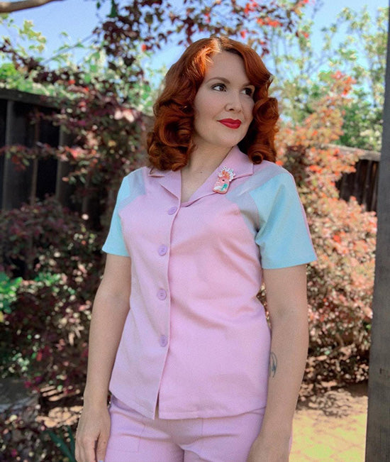 1940s Reproduction Tri-Tone Short Sleeve Work Blouse - Rose