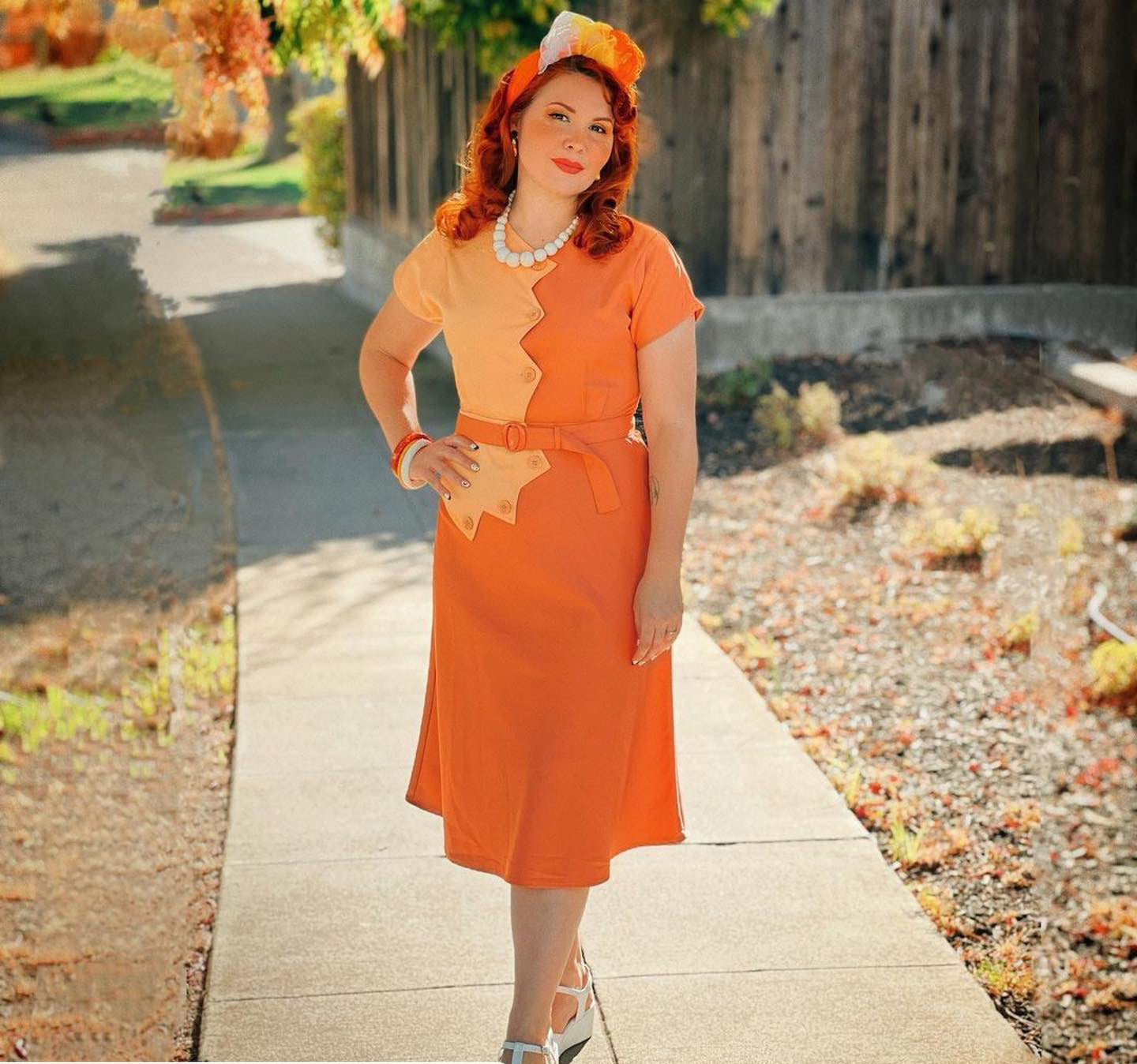 1940s Sawtooth Color Block Dress - Peach/Copper