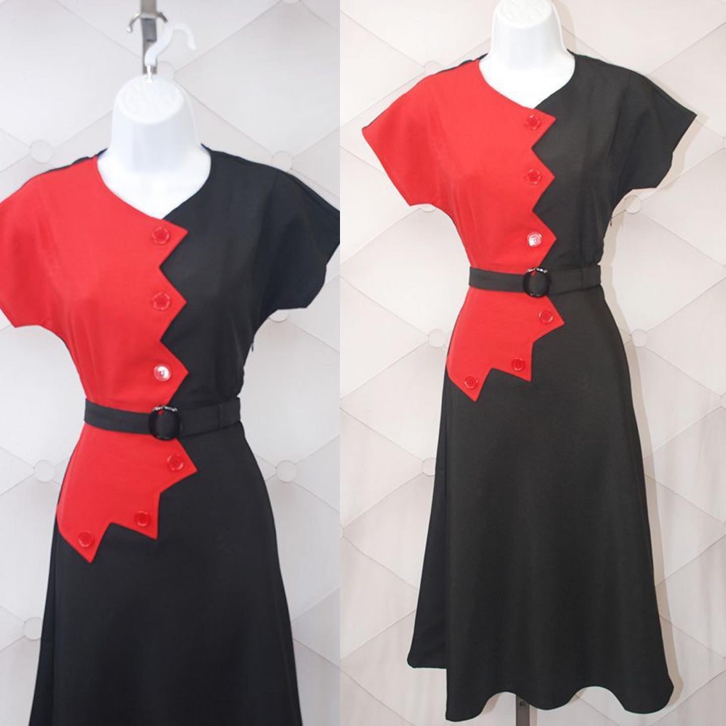 1940s Sawtooth Color Block Dress - Red/Black