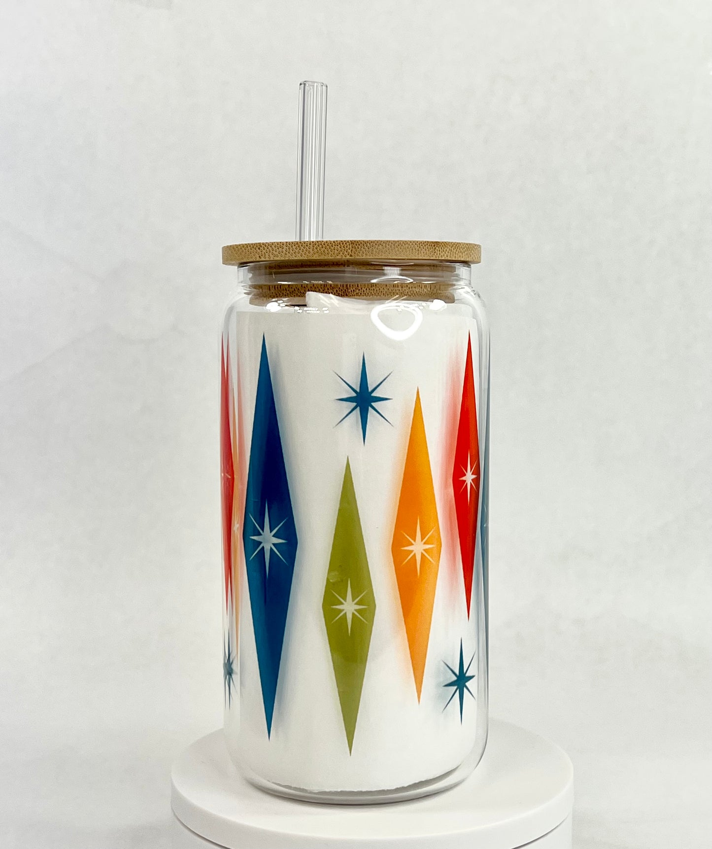 Mid-Century Modern Multi-Colored Starburst Glass with Bamboo Lid and Straw