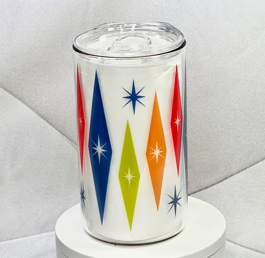 Mid-Century Modern Multi-Colored Starburst Glass with Drinking Lid and Straw