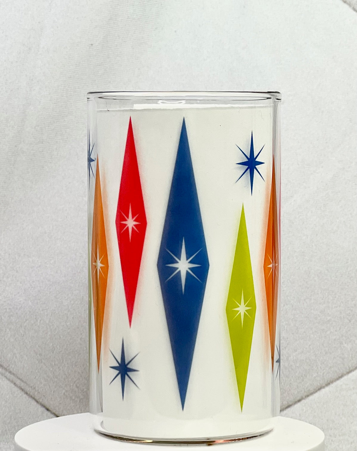 Mid-Century Modern Multi-Colored Starburst Glass with Drinking Lid and Straw