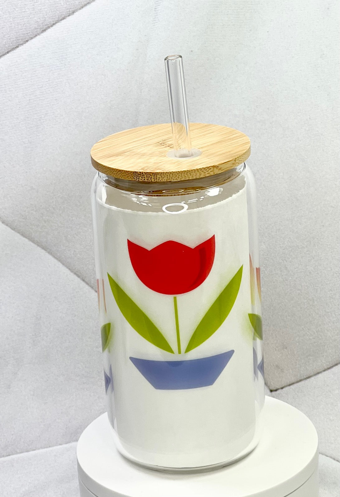 Fire King Style Tulip Glass with Bamboo Lid and Straw