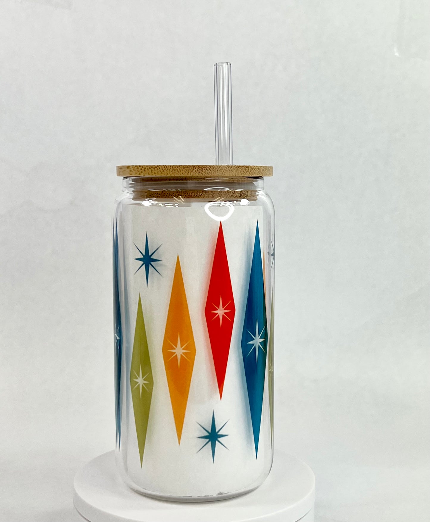 Mid-Century Modern Multi-Colored Starburst Glass with Bamboo Lid and Straw