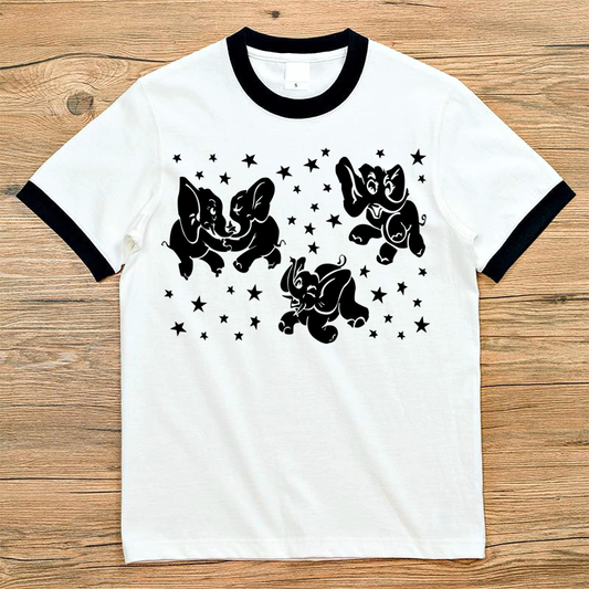 Dancing Elephants Black and White Ringer T-Shirt