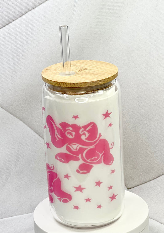 Dancing Pink Elephants Glass with Bamboo Lid and Straw