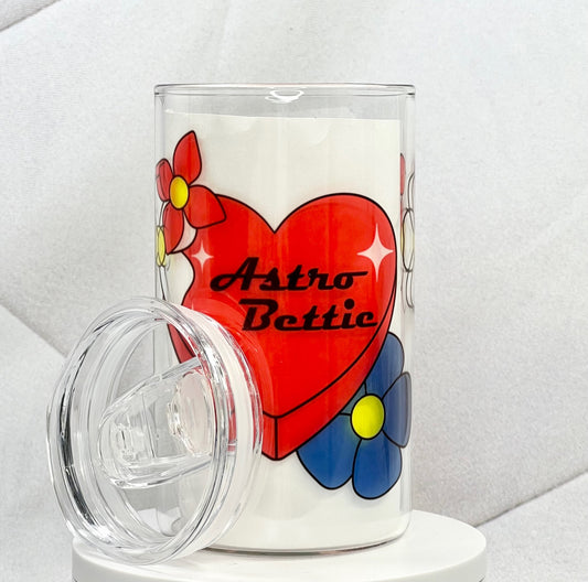 Traditional Heart with Flowers Glass with Drinking Lid and Straw