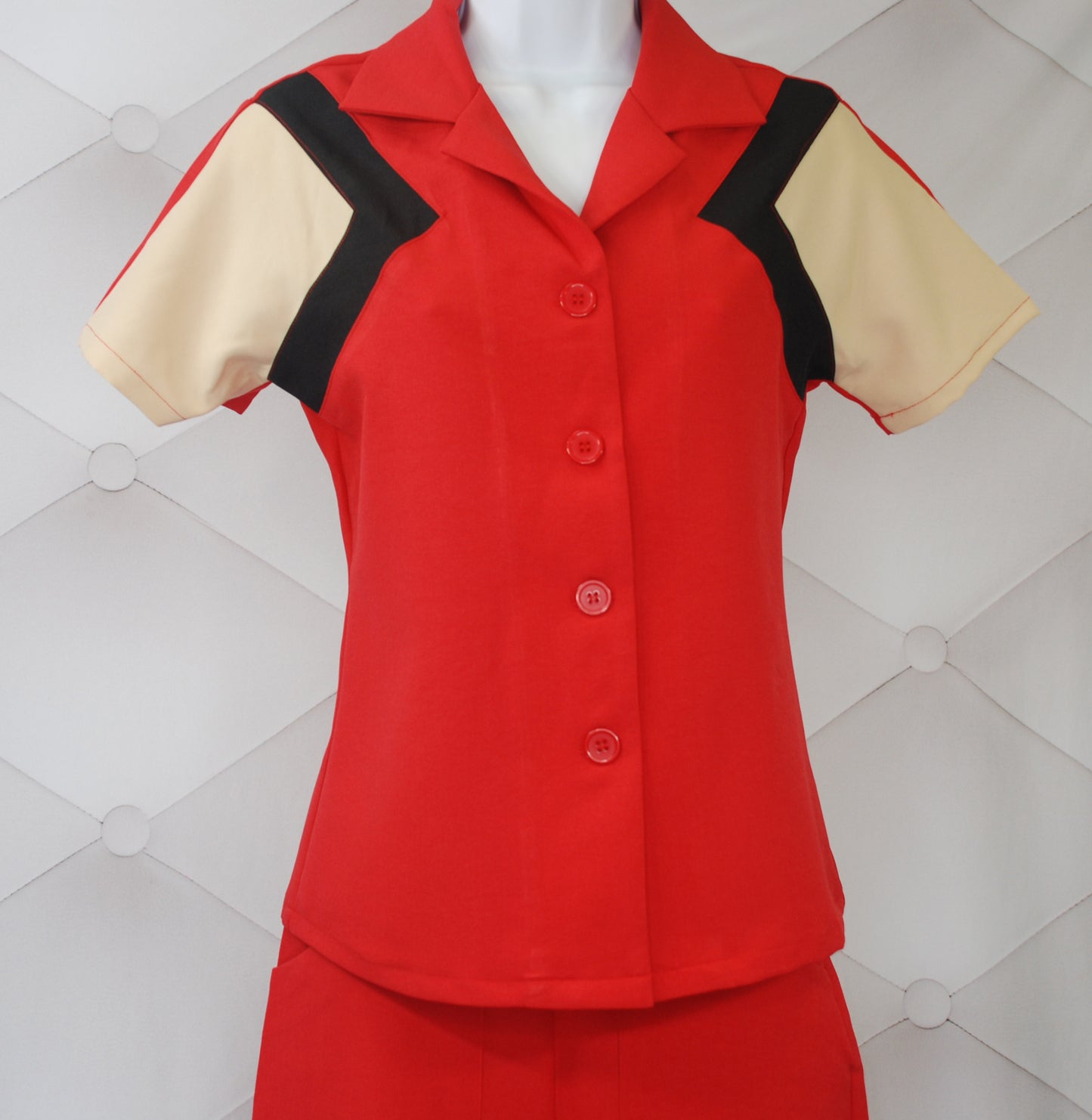 1940s Reproduction Tri-Tone Short Sleeve Work Blouse - Red