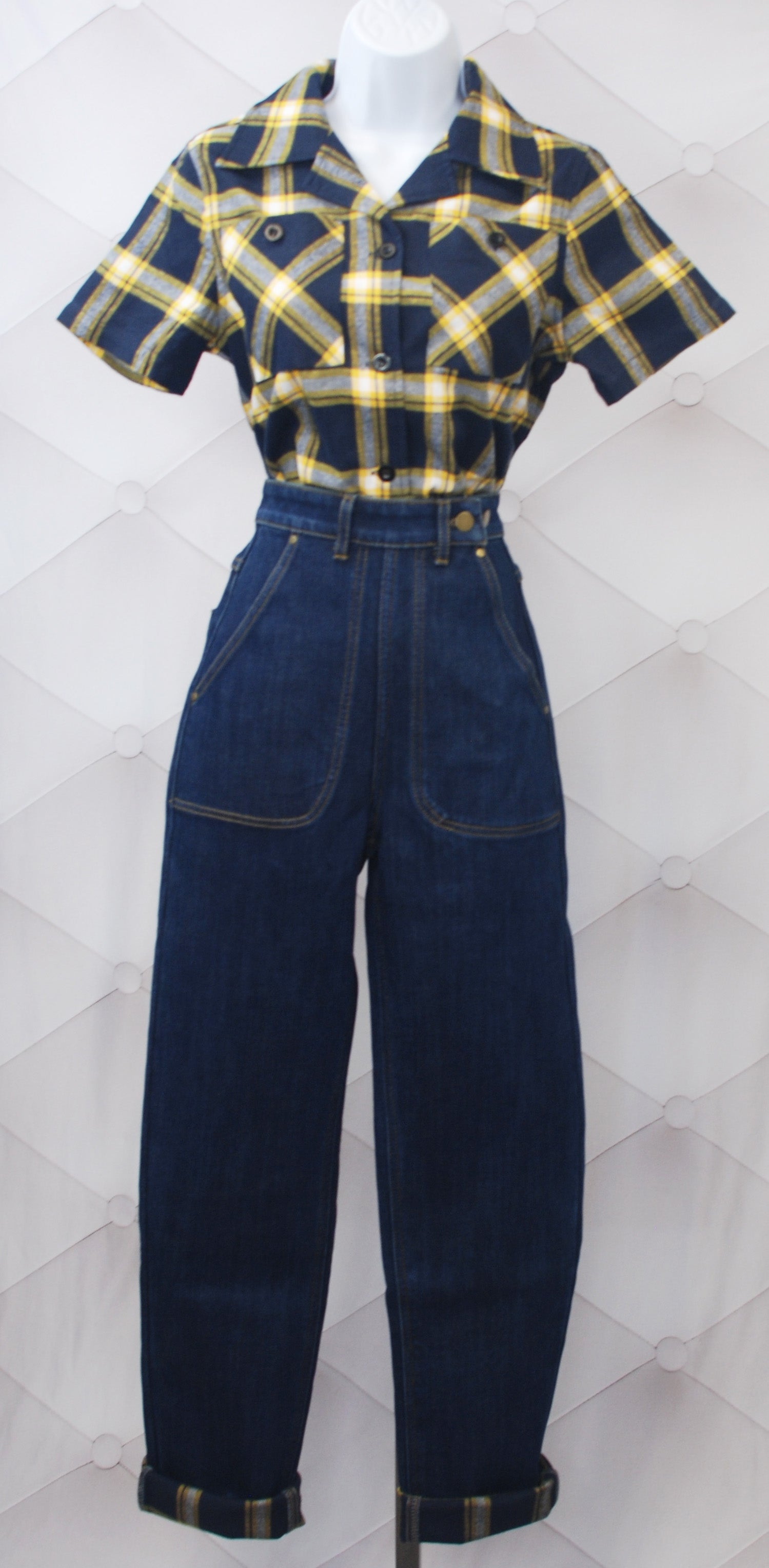 1940s Reproduction Flannel Lined Jeans - Yellow/Blue – Astro Bettie