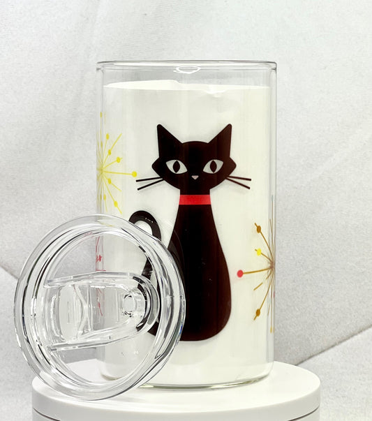 Atomic Cat Glass with Drinking Lid and Straw