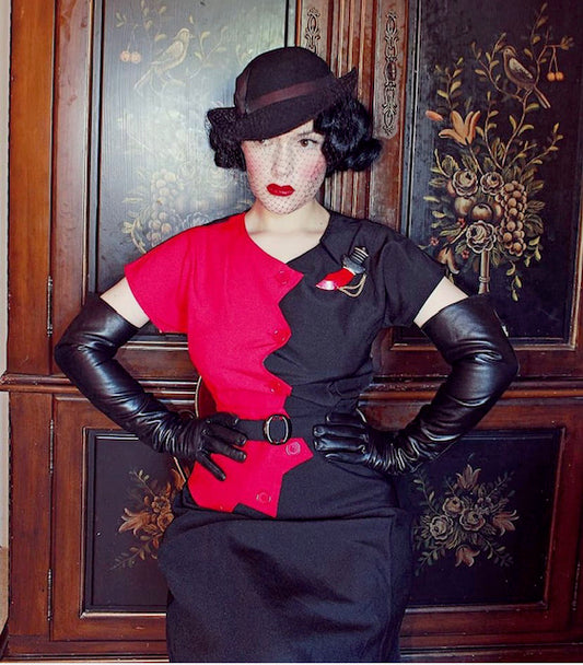 1940s Sawtooth Color Block Dress - Red/Black