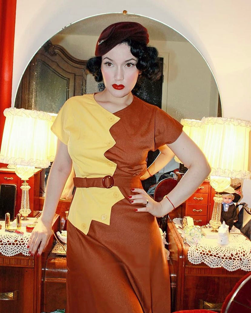 1940s Sawtooth Color Block Dress - Marigold/Dark Brown
