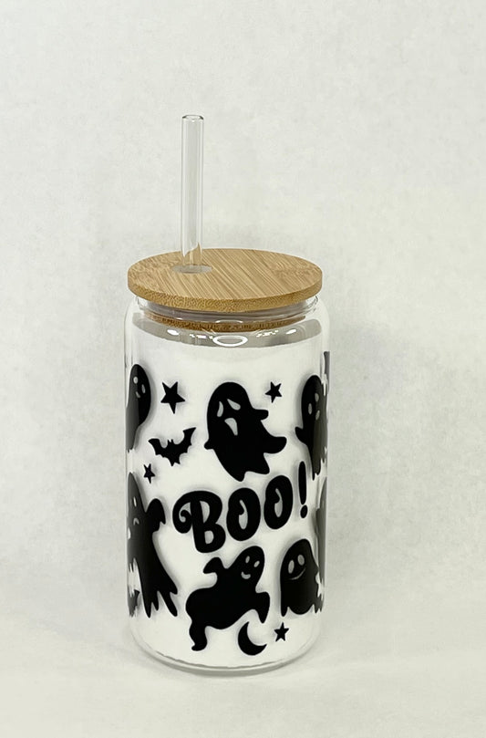 Halloween BOO Glass with Bamboo Lid and Straw