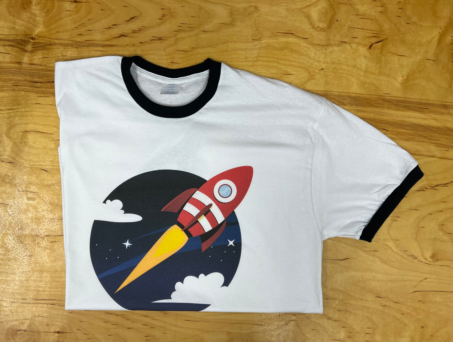Blast Off Rocket T-Shirt - White and Navy Ringer