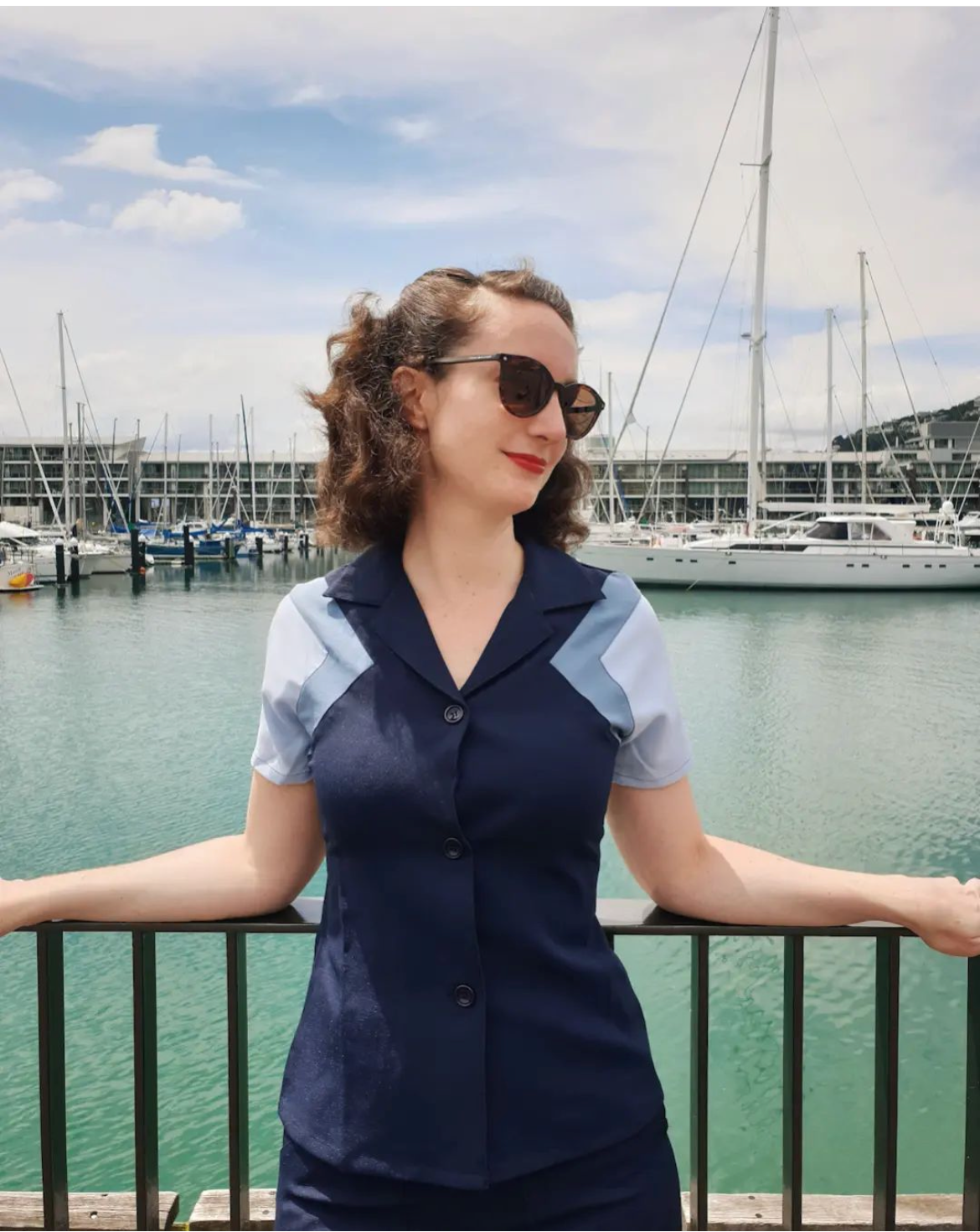 1940s Reproduction Tri-Tone Short Sleeve Work Blouse - Navy