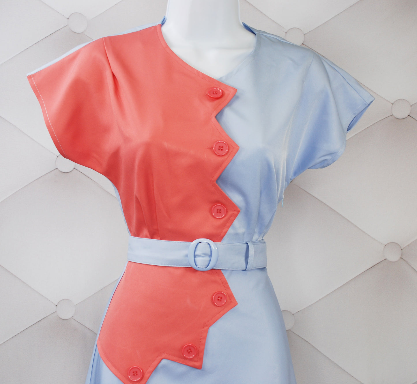 1940s Sawtooth Color Block Dress - Coral/Blue