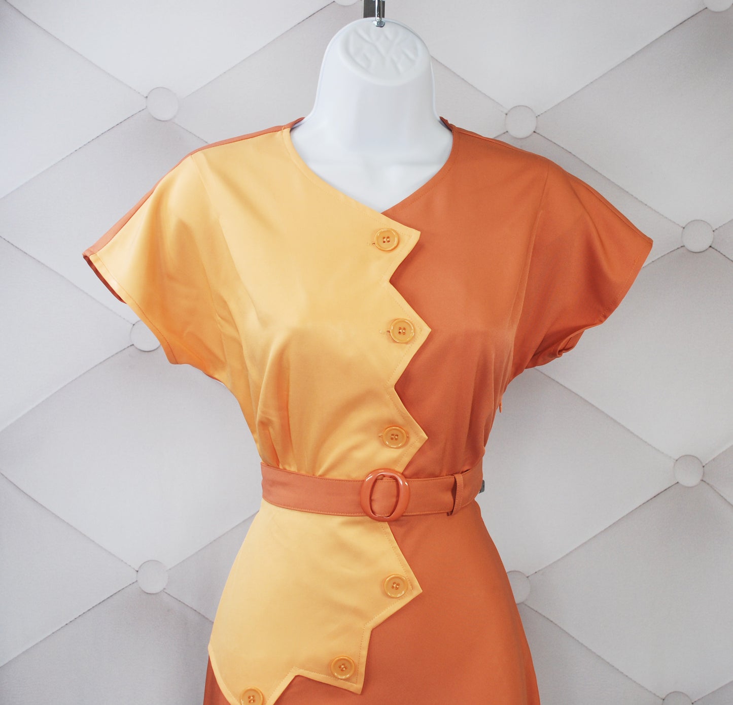1940s Sawtooth Color Block Dress - Peach/Copper