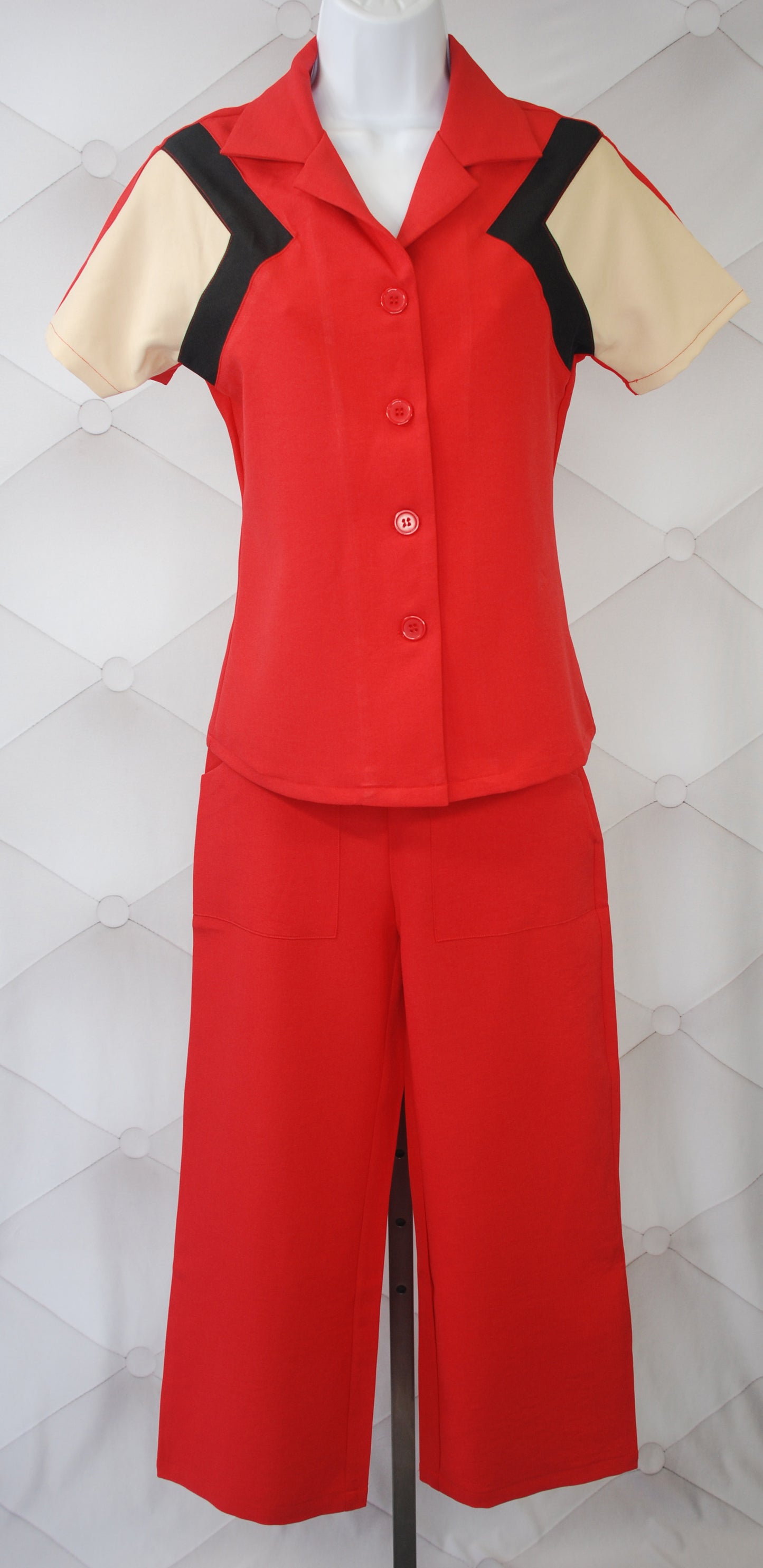 1940s Reproduction Tri-Tone Short Sleeve Work Blouse - Red
