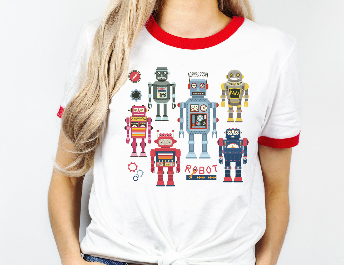 Retro Robots Red and White Ringer T-Shirt