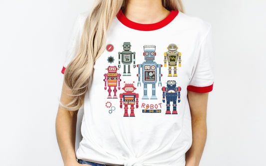 Retro Robots Red and White Ringer T-Shirt
